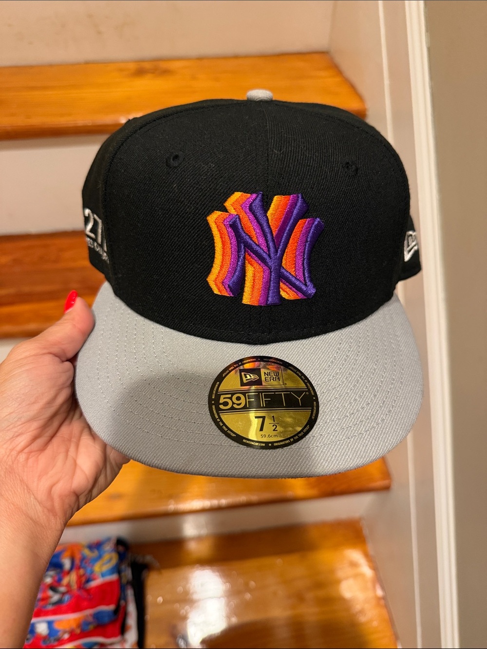 New Era Kids Black Crown Gray Brim NY Logo Cap with Orange & Purple Embroidery